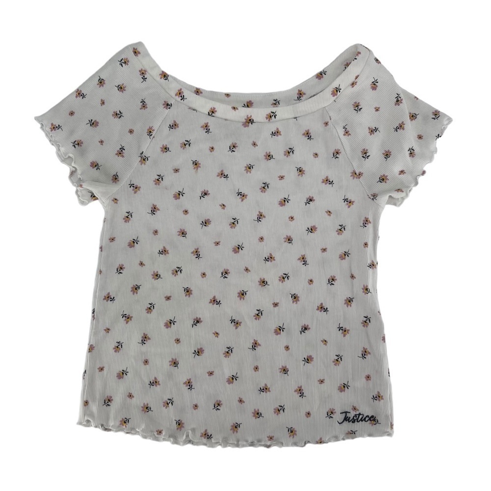 Justice White Floral Scalloped Short Sleeve Shirt Size 14/16 Girl’s